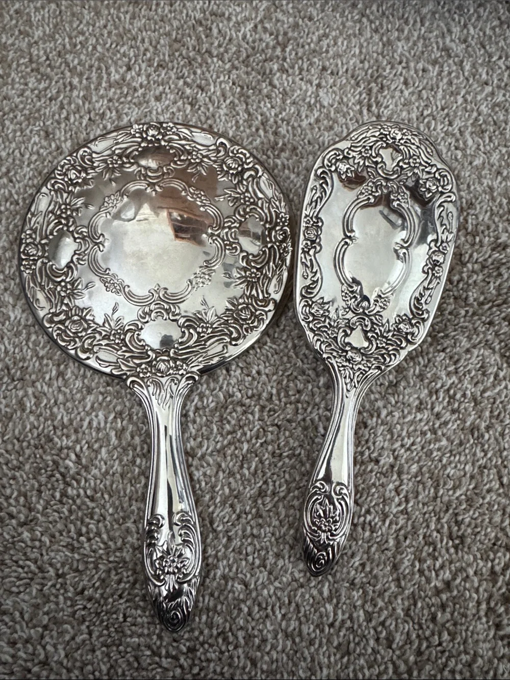 Ornate Silver Hand Mirror and Brush Set - Ivory Bristles
